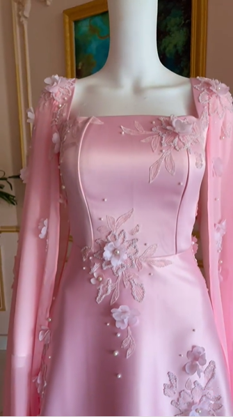 Luxury Pink Satin Long A Line Evening Dress Pretty Appliques Prom Dress  Y7591