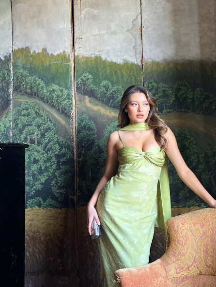 Classy Spaghetti Straps Satin Print Floral Long Evening Dress Mint Green Birthday Outfits With Scarf SP834