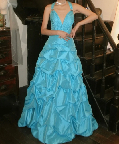 Pretty V-neck Satin Pleated Blue Long Birthday Party Dress Prom Gown SP3835