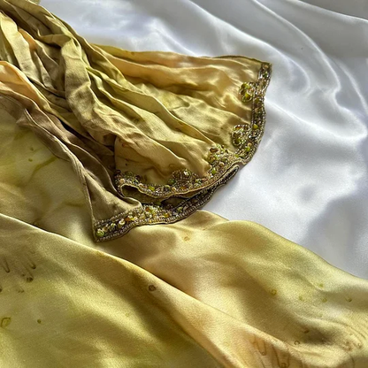 Gorgeous Spaghetti Straps Gold Satin Beaded Evening Dress Long Party Dress Y9735