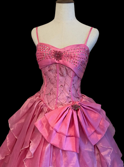 Elegant Spaghetti Straps Pink Tulle Beaded Long Party Dress Evening Dress With Bow SP4093