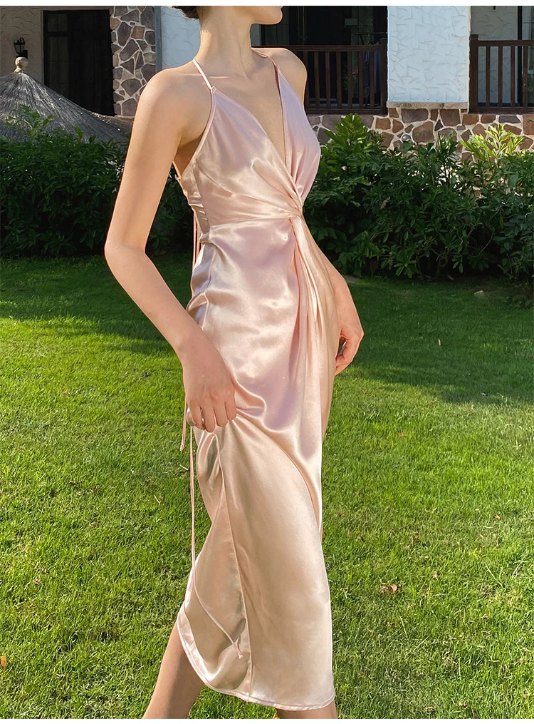 Sexy Halter V Neck Party Dress,Champagne Gold Prom Evening Dress Y8211