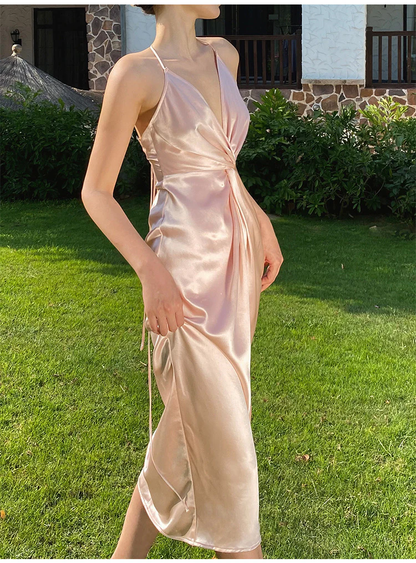 Sexy Halter V Neck Party Dress,Champagne Gold Prom Evening Dress Y8211