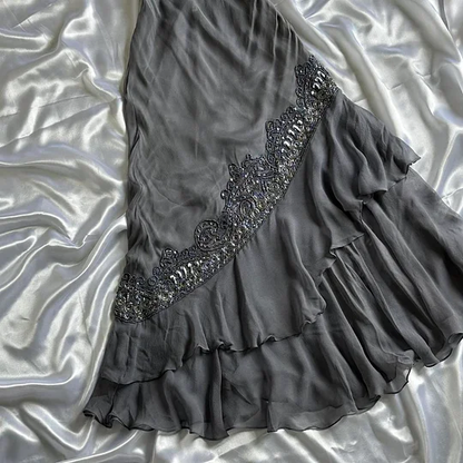 Vintage Spaghetti Straps Grey Chiffon Beaded Mermaid Evening Dress Long Prom Dress Y9739