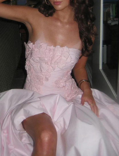 Glamorous Strapless Pink Satin Pleated Appliques Slit Evening Dress Long Prom Dress SP1063