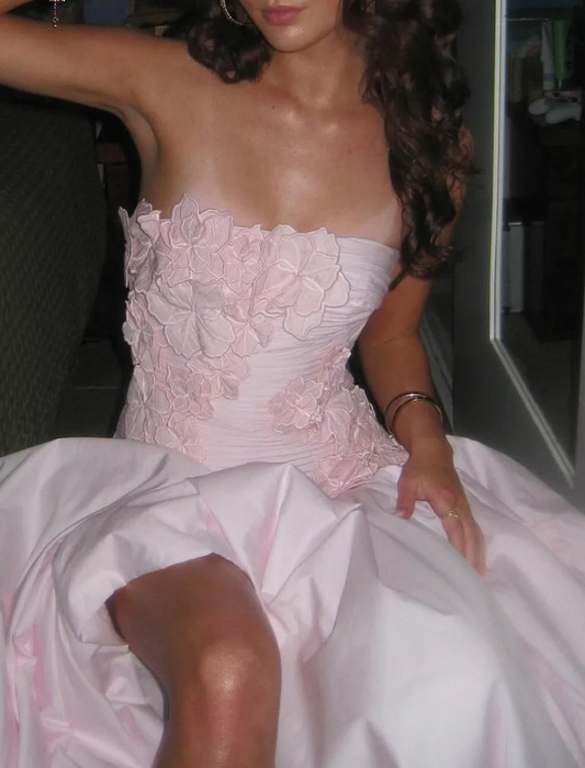 Glamorous Strapless Pink Satin Pleated Appliques Slit Evening Dress Long Prom Dress SP1063