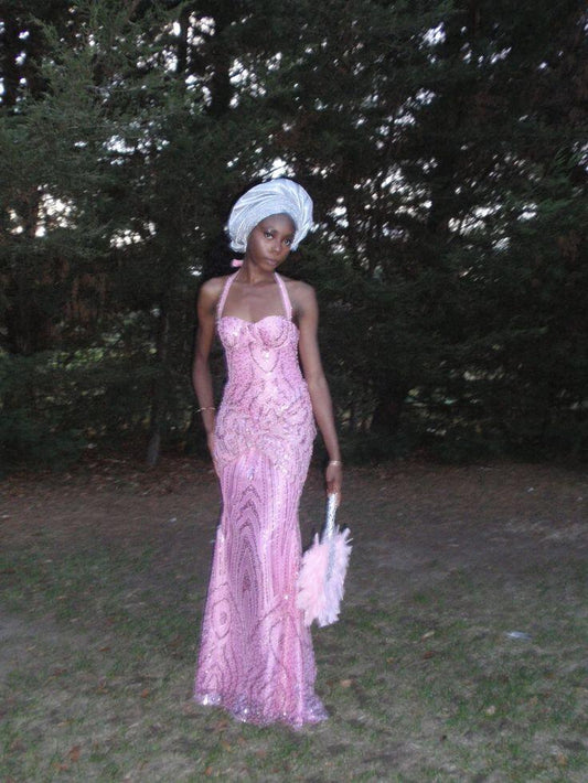 Sparkly Pink Halter Satin Tulle Sequin Beaded Mermaid Long Party Dress Evening Gown SP3713