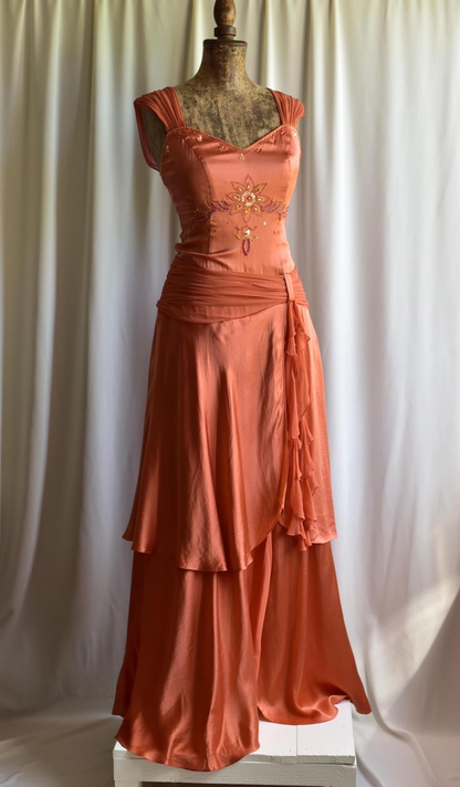 Vintage Orange V Neck Satin Chiffon Beaded Layered Mermaid Party Dress Formal Birthday Prom Gown SP684