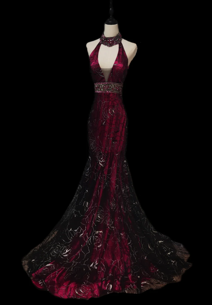 Charming Halter Beaded V Neck Lace Satin Mermaid Prom Dress Long Evening Dress SP610