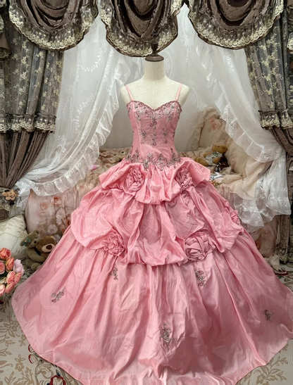 Charming Ball Gown Pink Spaghetti Straps Embroidered Satin Pleated Quinceanera Dress Sweet 16 Dress SP3832