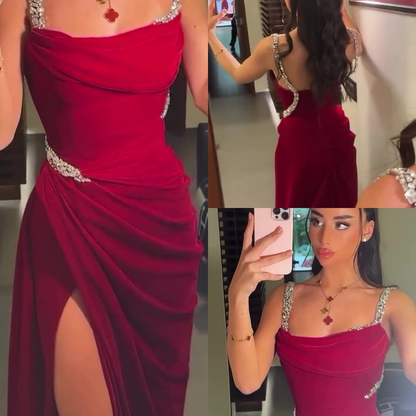 Charming Spaghetti Straps Red Satin Beads Slit Long Prom Dresses Mermaid Evening Dress SP1007