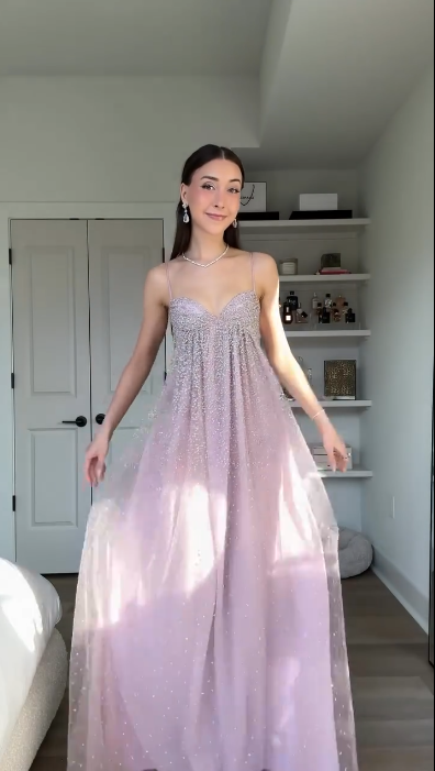 Elegant Spaghetti Straps Pink Tulle Sequin A Line Long Party Dress Prom Gowns SP4271