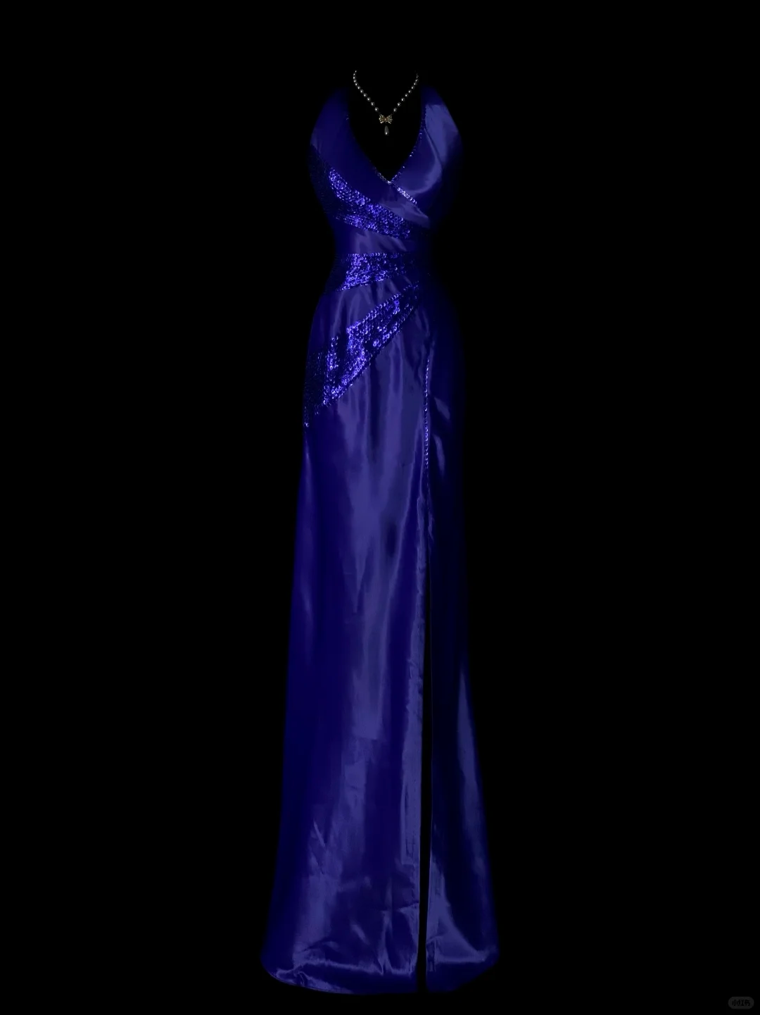 Elegant Halter V Neck Satin Sequin Mermaid Long Party Dress Blue Long Birthday Evening Dress SP4070