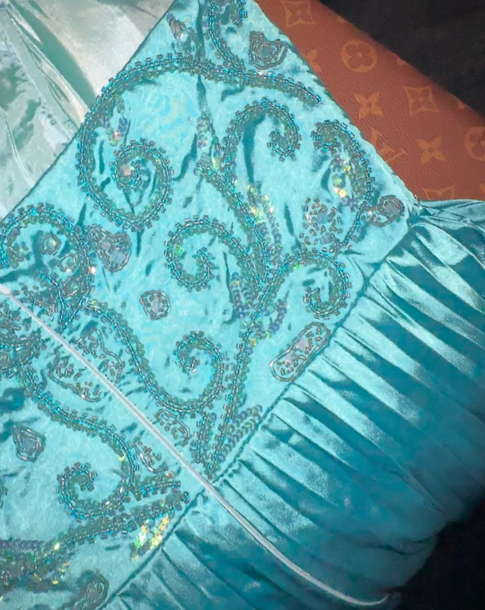 Pretty Strapless Blue Satin Pleated Beaded Mermaid Party Dress Birthday Prom Dress SP675