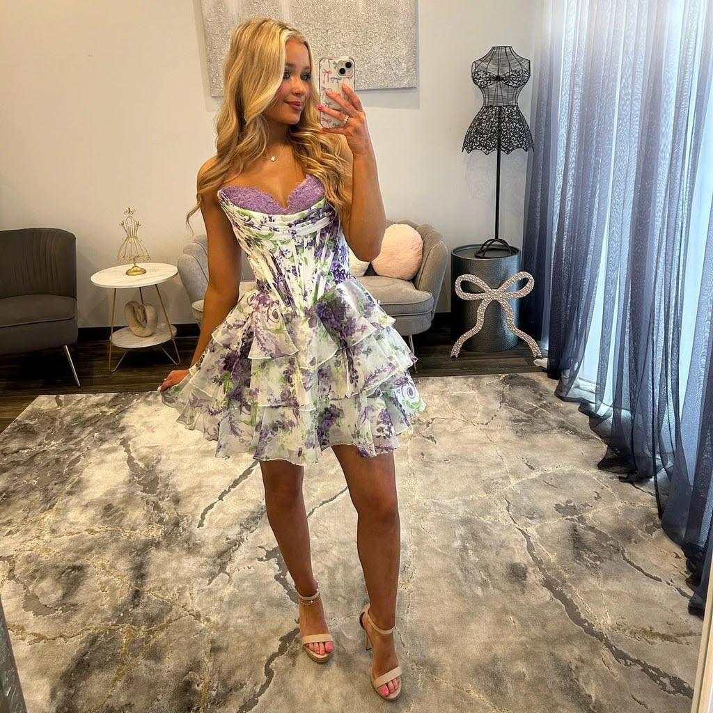 Pretty Strapless Chiffon Print Floral Layered Short 15th Birthday Outfits,Purple A Line Mini Homecoming Dress SP3450