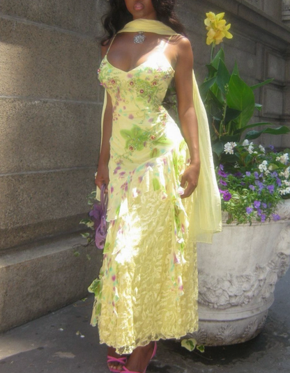 Charming Spaghetti Straps Yellow Chiffon Print Floral Beaded Mermaid Prom Dress Long Party Gown With Ribbon SP815
