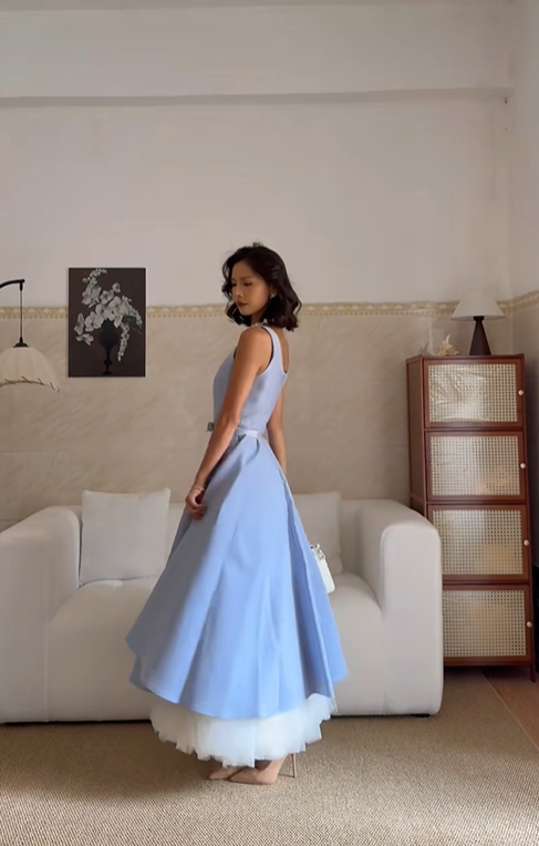 Classy Blue Satin Tulle A Line Long Party Dress Birthday Prom Dresses SP2072