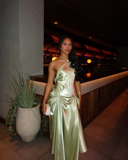 Chic Halter Green Satin Pleated Long Party Dress Backless Long Birthday Prom Dress SP3943