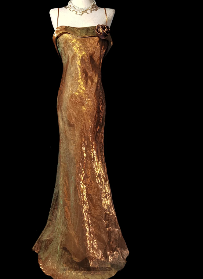 Vintage Spaghetti Straps Gold Satin Mermaid Evening Dress Long Prom Gown SP473