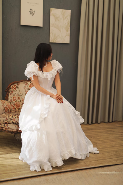 Vintage Off The Shoulder White Satin Ruffles Wedding Dress Long Bridal Dress SP2104