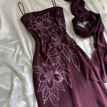 Retro Spaghetti Straps Purple Chiffon Sequin Floral Long Party Dress Prom Gown With Scarf SP2243