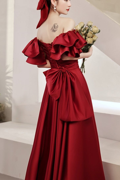 Red Satin Ball Gown With Bell Sleeves And Lace UP Back Long Prom Dress Y6067