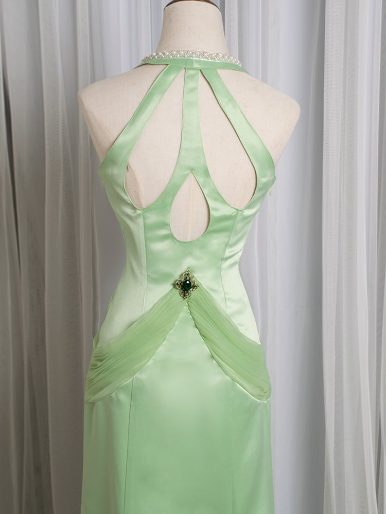 Charming Green Halter V Neck Satin Beaded Long Evening Dress Birthday Prom Dress SP1509