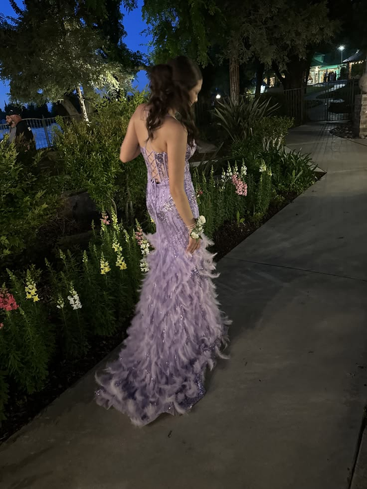 Pretty Spaghetti Straps Purple Satin Beaded Feathers Slit Mermaid Long Party Dress Prom Dress SP3707