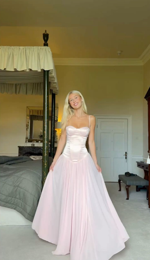 Pretty Spaghetti Straps Pink Satin Chiffon Mermaid Evening Dress Long Wedding Guest Dress SP1030