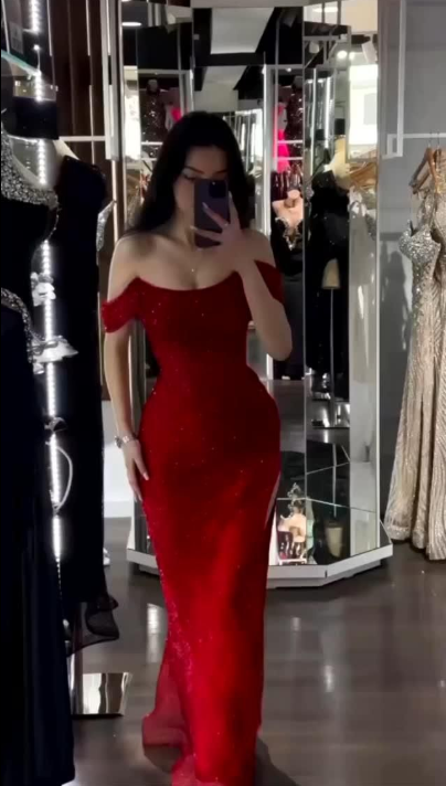 Sparkly Off The Shoulder Red Sequin Slit Mermaid Long Party Dress Prom Gowns SP2166