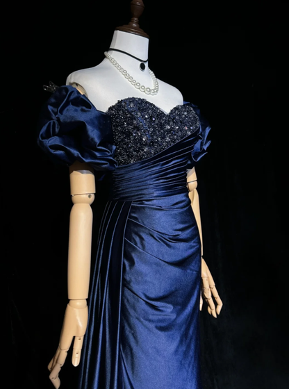 Elegant Off The Shoulder Navy Blue Satin Beaded Mermaid Long Evening Dress 18th Birthday Outfits SP1960