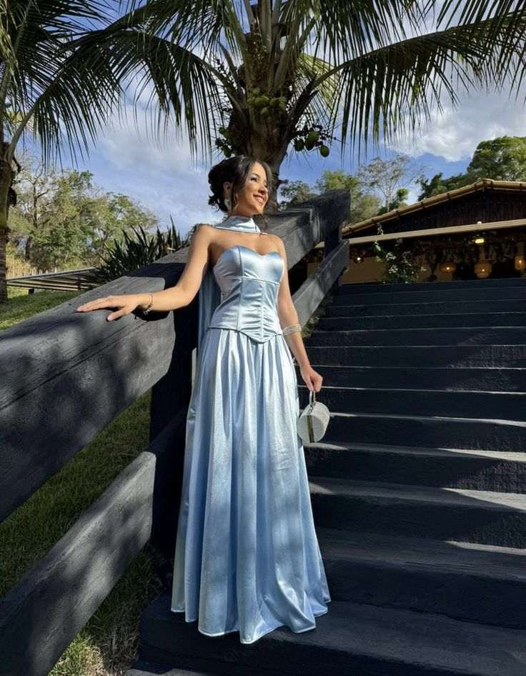 Simple Light Sky Blue Satin A Line Long Birthday Party Dress,Strapless Long Prom Gown With Scarf SP4130