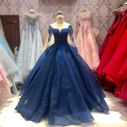 Elegant Floral Flowers Patterned Ball Gown Long Sleeve Prom Party Illusion Y4439