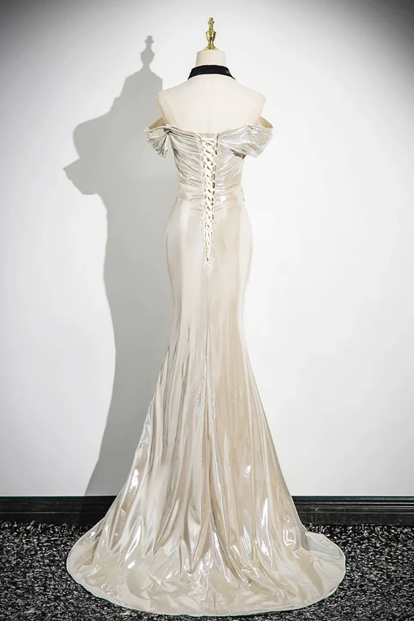 Charming Champagne Off The Shoulder Satin Prom Dress,Mermaid Evening Gown Y8202