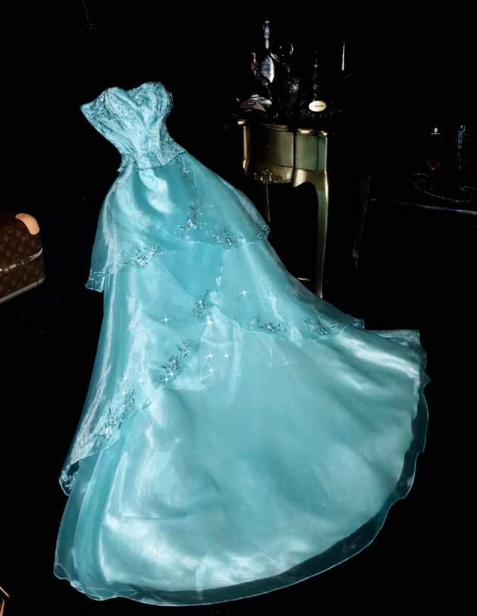 Pretty Blue Strapless Tulle Beaded Mermaid Long Prom Dress Evening Dress SP781