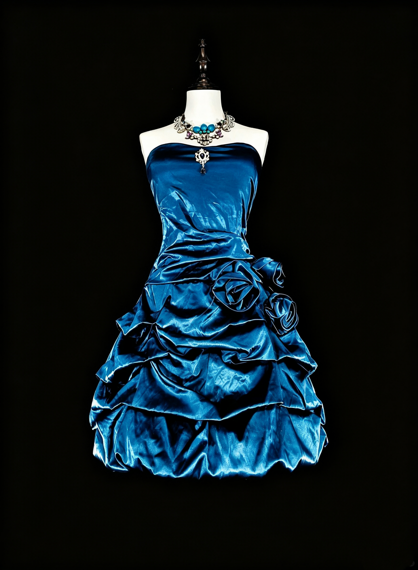 Classy Blue Satin Ruched Rose Floral A Line Short 7th Grade Homecoming Dress,Strapless Mini Birthday Dress SP3388