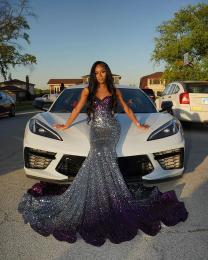 Long Sparkly Prom Dresses Gorgeous Sweetheart Sexy Mermaid Silver and Purple Sequin Black Girls Prom Party Gowns  Y4250