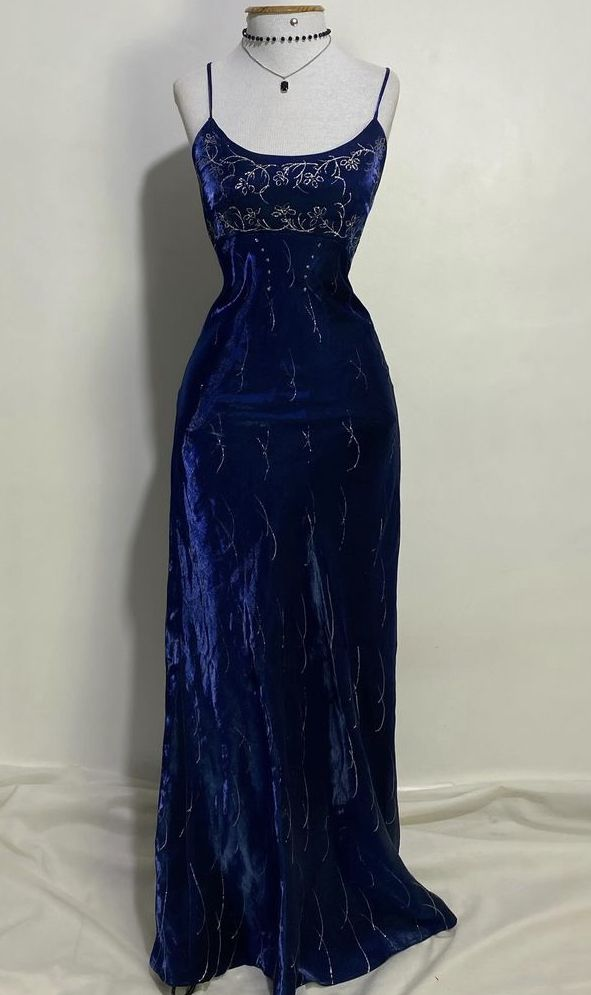 Gorgeous Spaghetti Straps Navy Blue Velvet Beaded Prom Dress Evening Dress  Y8411