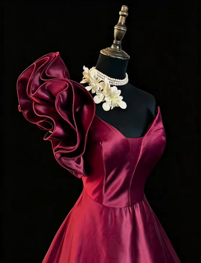 Vintage One Shoulder Ball Gown Burgundy Satin Ruffles Long Party Dress SP2768