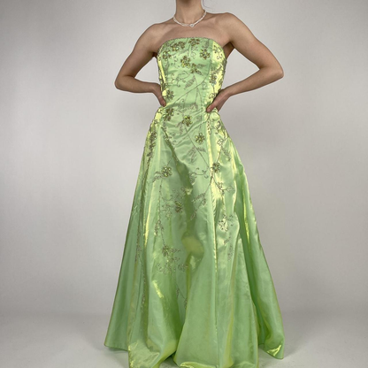 Strapless Green Satin Beaded A Line Prom Dress Evening Dress Y8412