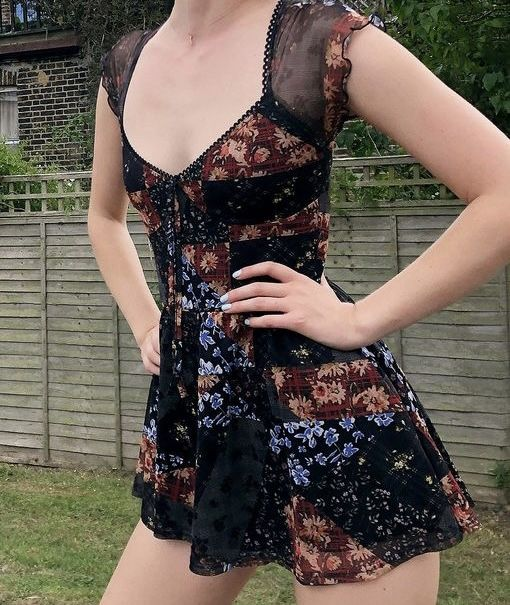 Vintage Black Chiffon Printed Floral Short 18th Birthday Outfits Formal Homecoming Dress Y9604