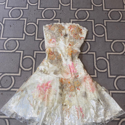 Cute Strapless Apricot Lace A Line Short Homecoming Dress Birthday Outfits Y9716