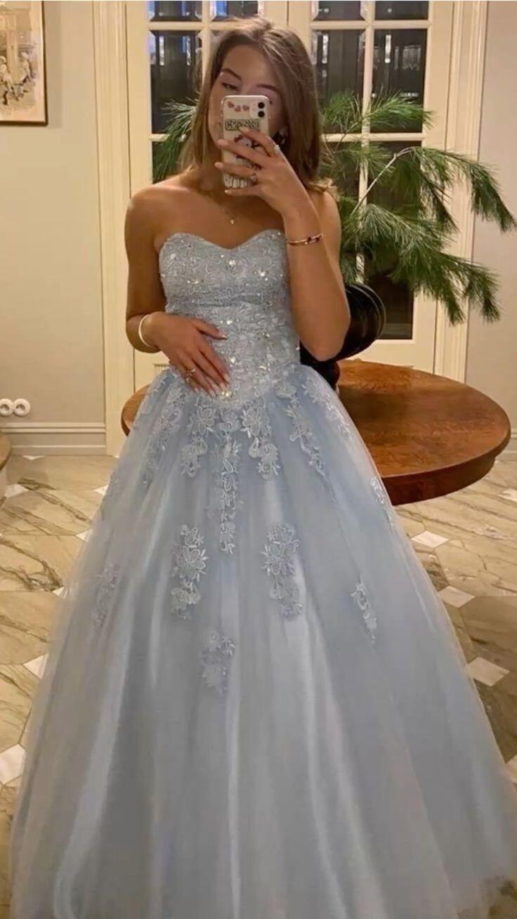 Shiny Strapless Ball Gown Blue Tulle Appliques Long Party Dress Birthday Dress SP2635
