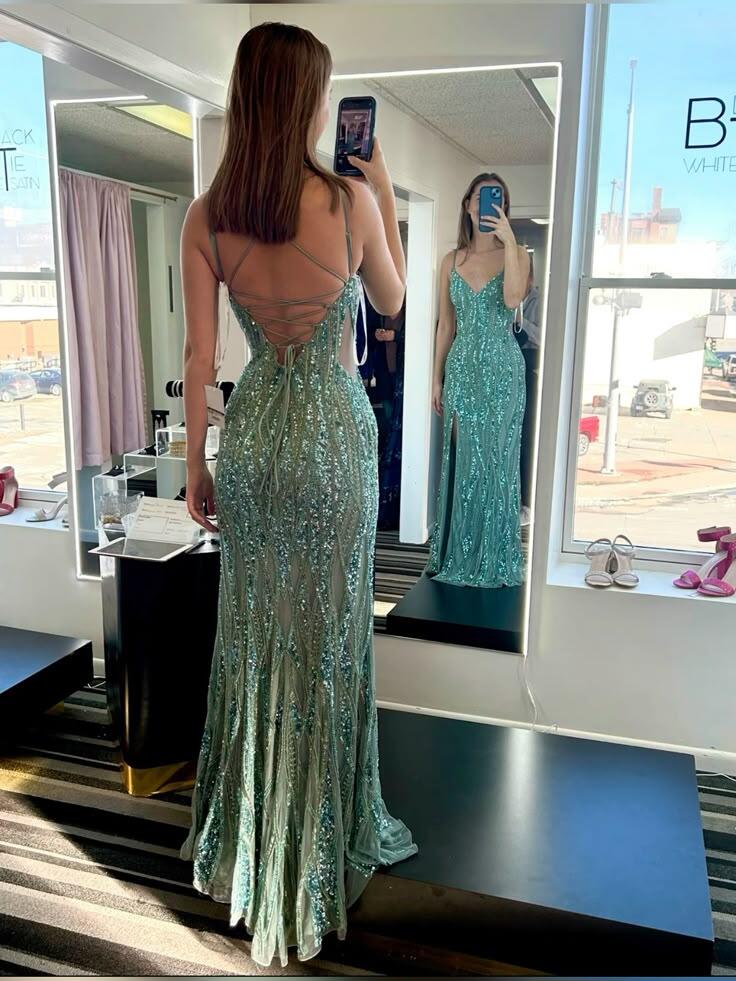 Sexy Spaghetti Straps V Neck Chiffon Sequin Long Prom Dress,Green Slit Mermaid Party Dress SP3416
