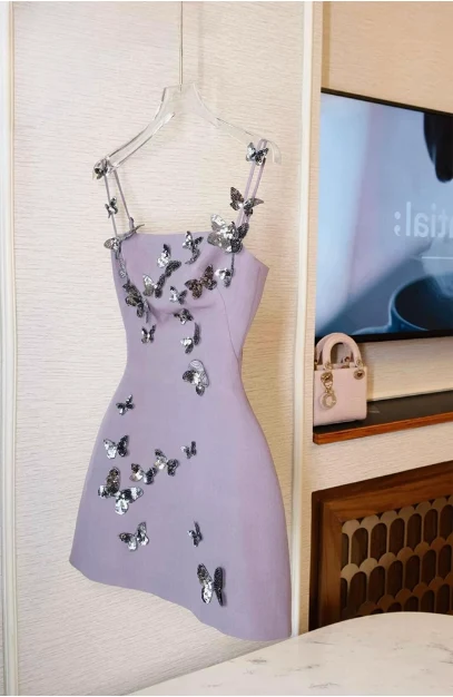Classy Spaghetti Straps Purple Satin Sequin Butterflies Short Homecoming Dress Birthday Dress SP3271