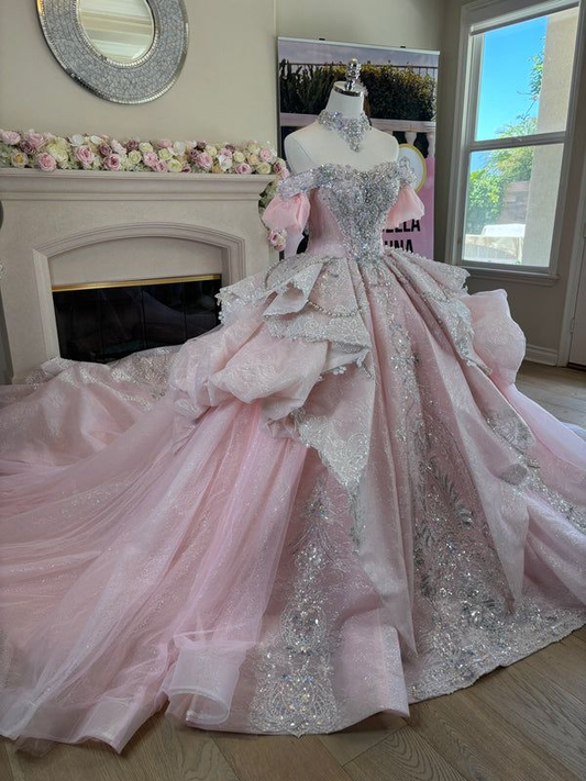 Elegant Off The Shoulder Sweet 16 Dress Pink Tulle Sequin Beaded Quinceanera Dress SP4298