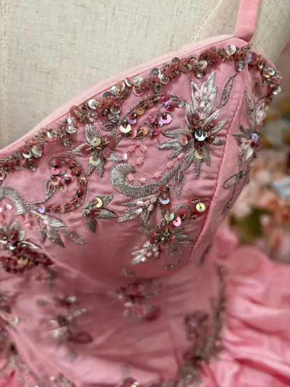 Charming Ball Gown Pink Spaghetti Straps Embroidered Satin Pleated Quinceanera Dress Sweet 16 Dress SP3832