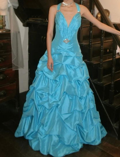 Pretty V-neck Satin Pleated Blue Long Birthday Party Dress Prom Gown SP3835