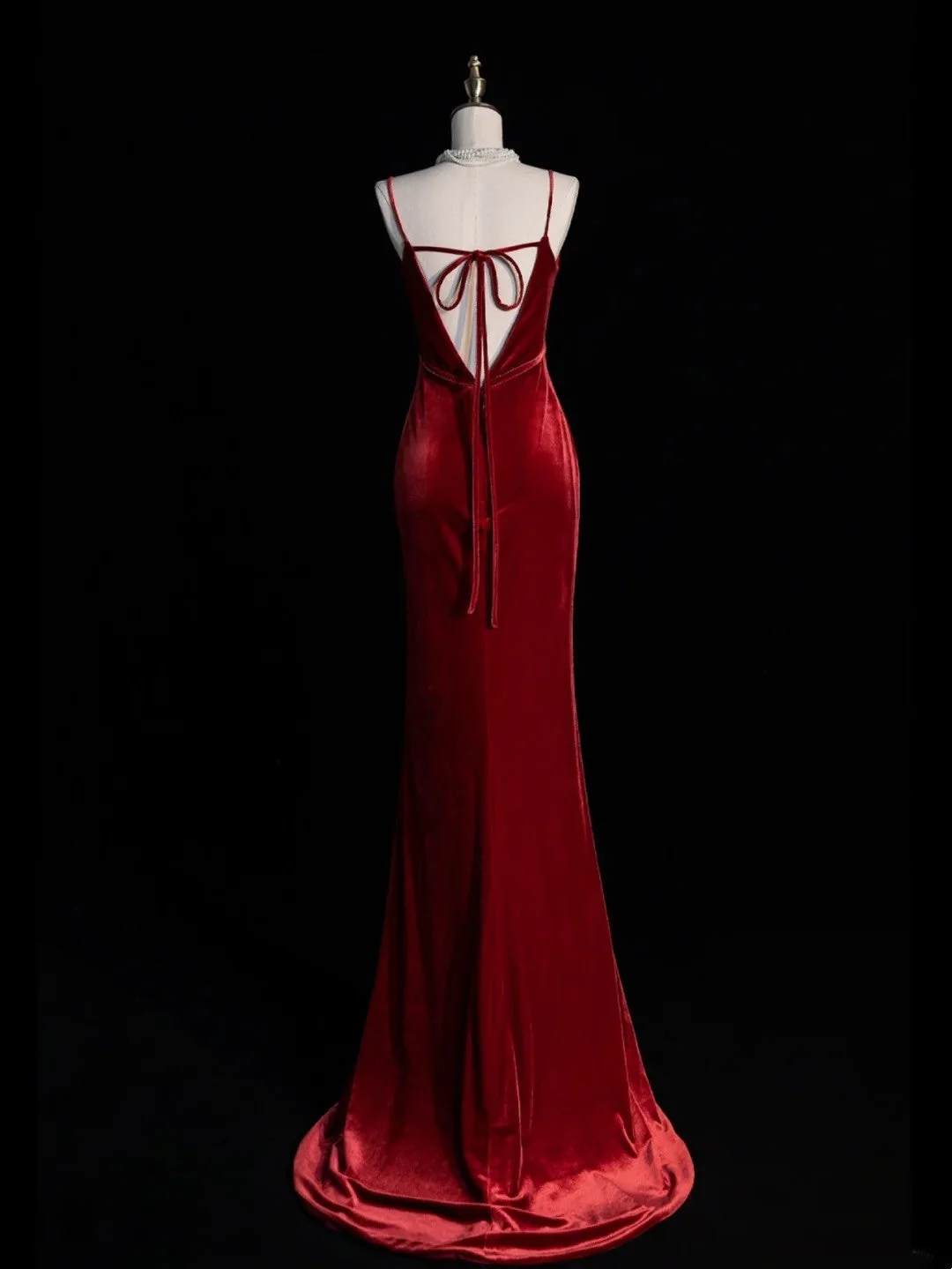 Sexy Spaghetti Strap Velvet Long Wedding Guest Dress Red Mermaid Long Party Dress SP4103