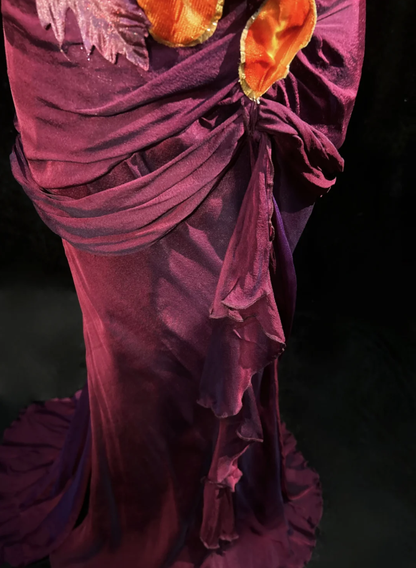 Vintage Spaghetti Straps V Neck Satin Appliques Mermaid Long Evening Dress Dark Fuchsia Prom Dress SP1785